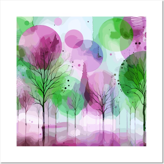 Colorful Pink and Green Abstract Trees Wall Art by Siha Arts